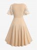 Plus Size Floral Lace Panel Gold Line Ruched Layered A Line Milkmaid Dress -  