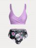 Plus Size & Curve Skull Rose Print Crossover Three Piece Bikini Swimsuit -  