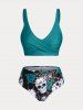 Maillot de Bain Bikini Croisé Rose et Crâne Imprimés de Grande Taille Trois Pièces - Vert profond L