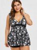 Plus Size Skulls Rose Flowers Print Surplice Layered Boyshorts Tankini Set -  