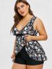 Plus Size Skulls Rose Flowers Print Surplice Layered Boyshorts Tankini Set -  