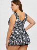 Plus Size Skulls Rose Flowers Print Surplice Layered Boyshorts Tankini Set -  