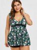 Ensemble de Tankini Superposé Rose Fleur et Crâne Imprimées de Grande Taille - Vert profond 4X | US 26-28