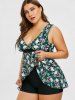 Ensemble de Tankini Superposé Rose Fleur et Crâne Imprimées de Grande Taille - Vert profond 4X | US 26-28
