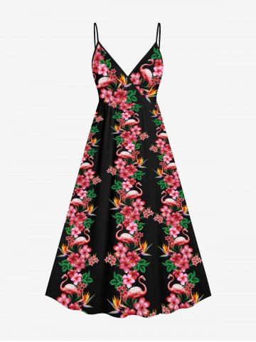 Plus Size Flamingo Floral Tropical Leaves Print Hawaii Surplice A Line Cami Dress - MULTI-A - 2X