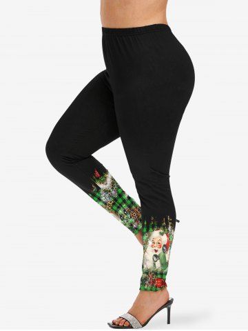 Plus Size Santa Claus Phone Letters Leopard Plaid Print Christmas Skinny Leggings - BLACK - S