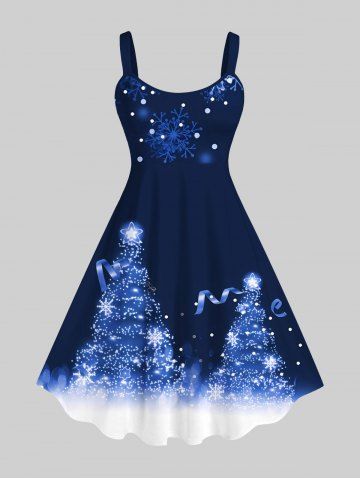 Plus Size Christmas Tree Snowflake Ribbon Stars Print A Line Tank Dress - MIDNIGHT BLUE - M