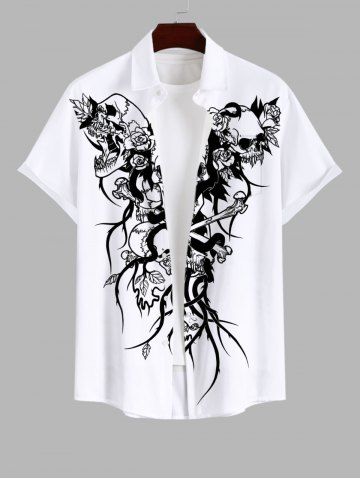 Plus Size Halloween Costume Skull Flowers Leaf Print Buttons Pocket Shirt For Men - WHITE - M