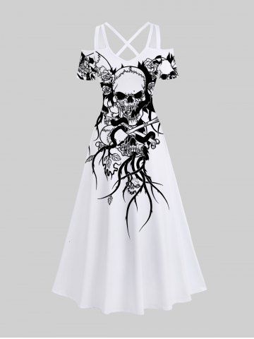 Plus Size Halloween Costume Skull Flowers Leaf Print Cold Shoulder Crisscross Maxi Dress - WHITE - S