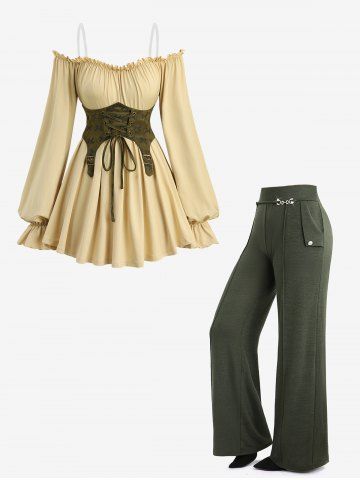 Ruffles Ruched Poet Sleeves Cold Shoulder Top and Pintuck Buckle Waist Pockets Buttons Wide Leg Pants Plus Size Outfit
