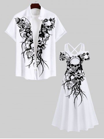 Halloween Costume Skull Flowers Leaf Print Plus Size Matching Outfit For Couples - WHITE