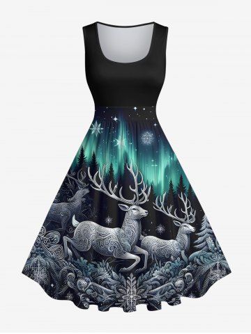 Plus Size Christmas Tree Elk Snowflake Glitter Light Beam 3D Print 1950s Vintage Dress - BLACK - 1X