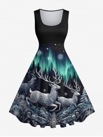 Plus Size Christmas Tree Elk Snowflake Glitter Light Beam 3D Print 1950s Vintage Dress - BLACK - 3X