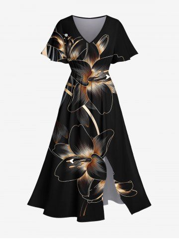 Plus Size Hibiscus Flower Print Split Hawaii Midi Dress - BLACK - 3X