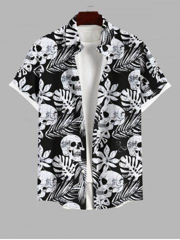 Plus Size Skulls Tropical Leaf Print Buttons Pocket Hawaii Shirt For Men - BLACK - 4XL