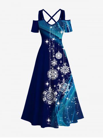 Robe Maxi à Épaules Dénudées avec Croisés Imprimé Flocons de Neige et Pompons Grande-Taille - MIDNIGHT BLUE - XS