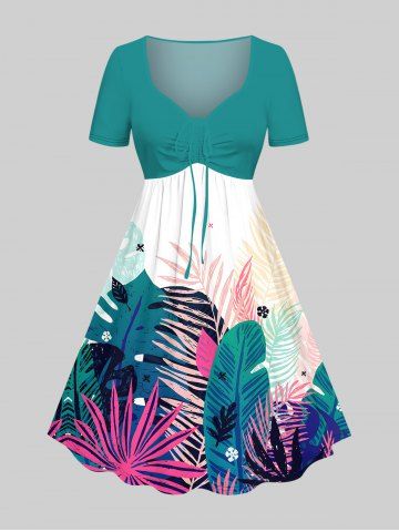 Plus Size Colorful Tropical Leaves Colorblock Print Hawaii Cinched A Line Dress - MULTI-A - XS