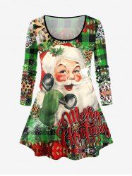 Plus Size Santa Claus Phone Letters Leopard Plaid Print Christmas Long Sleeves T-shirt -  