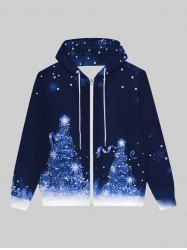 Plus Size Christmas Tree Snowflake Ribbon Stars Print Zipper Pocket Drawstring Long Sleeves Hoodie For Men -  