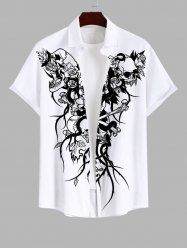 Plus Size Halloween Costume Skull Flowers Leaf Print Buttons Pocket Shirt For Men -  
