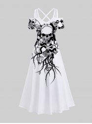 Maxi Robe D'Halloween Costume Crâne Fleur Imprimés à Epaule Dénudée de Grande Taille - Blanc XS