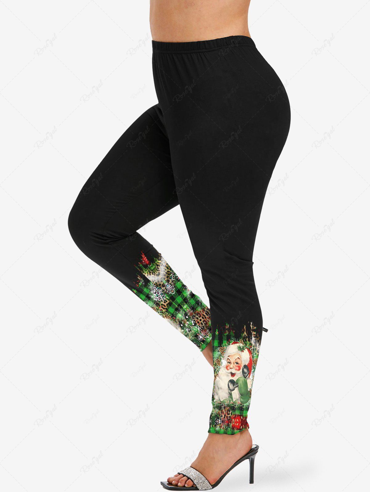 Best Plus Size Santa Claus Phone Letters Leopard Plaid Print Christmas Skinny Leggings  