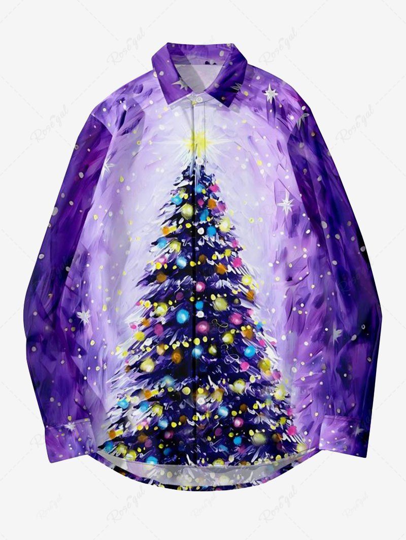 Chemise Manches Longues à Imprimé Sapins de Noël et Etoiles Colorés Grande-Taille pour Hommes Pourpre  3XL