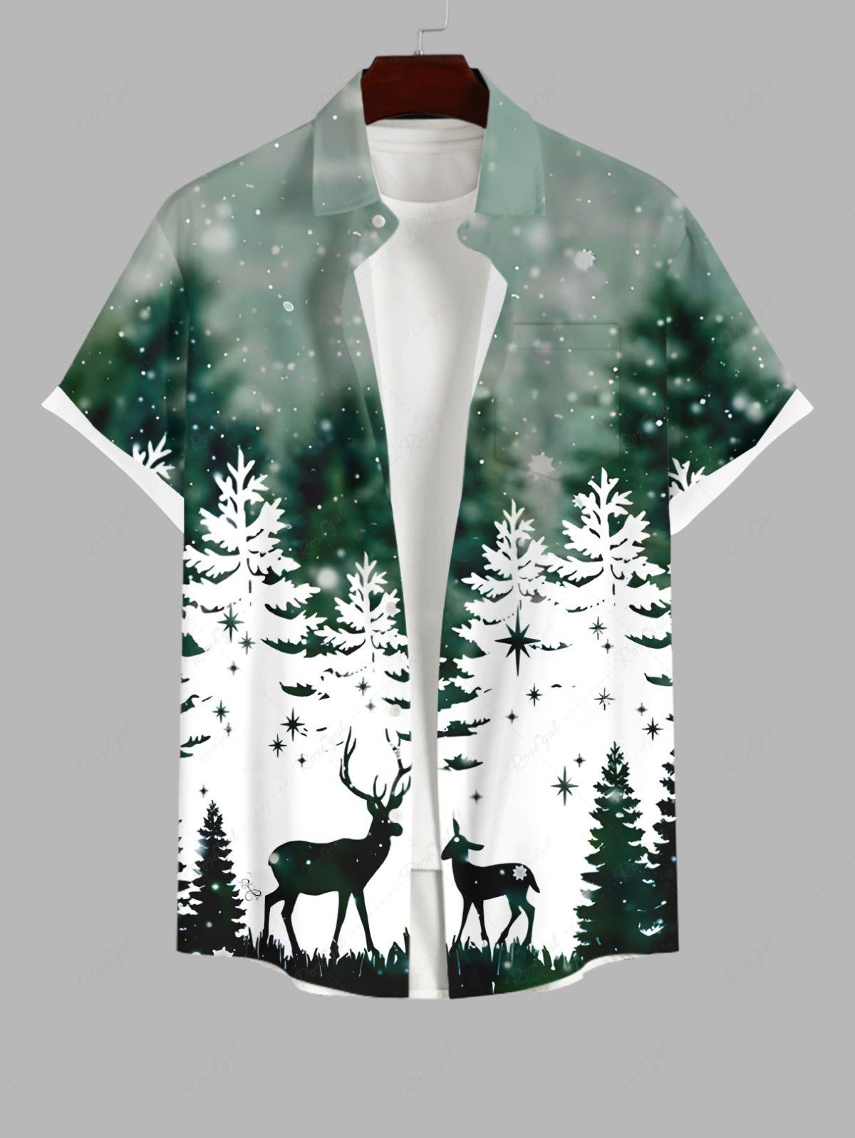 Chemise Boutonnée Imprimé Élément de Noël Grande Taille avec Poche Multi-A L
