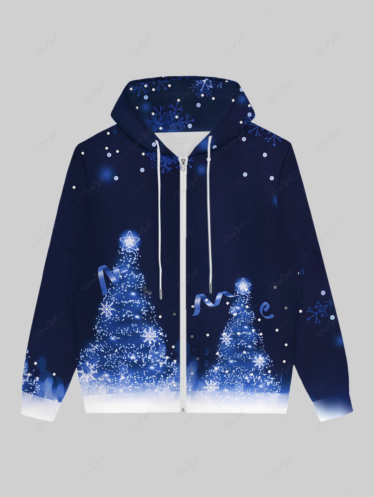 Sweat à Capuche Imprimé Glaxie Arbre de Noël avec Poches Grande Taille à Manches Longues Bleu de Minuit 5XL