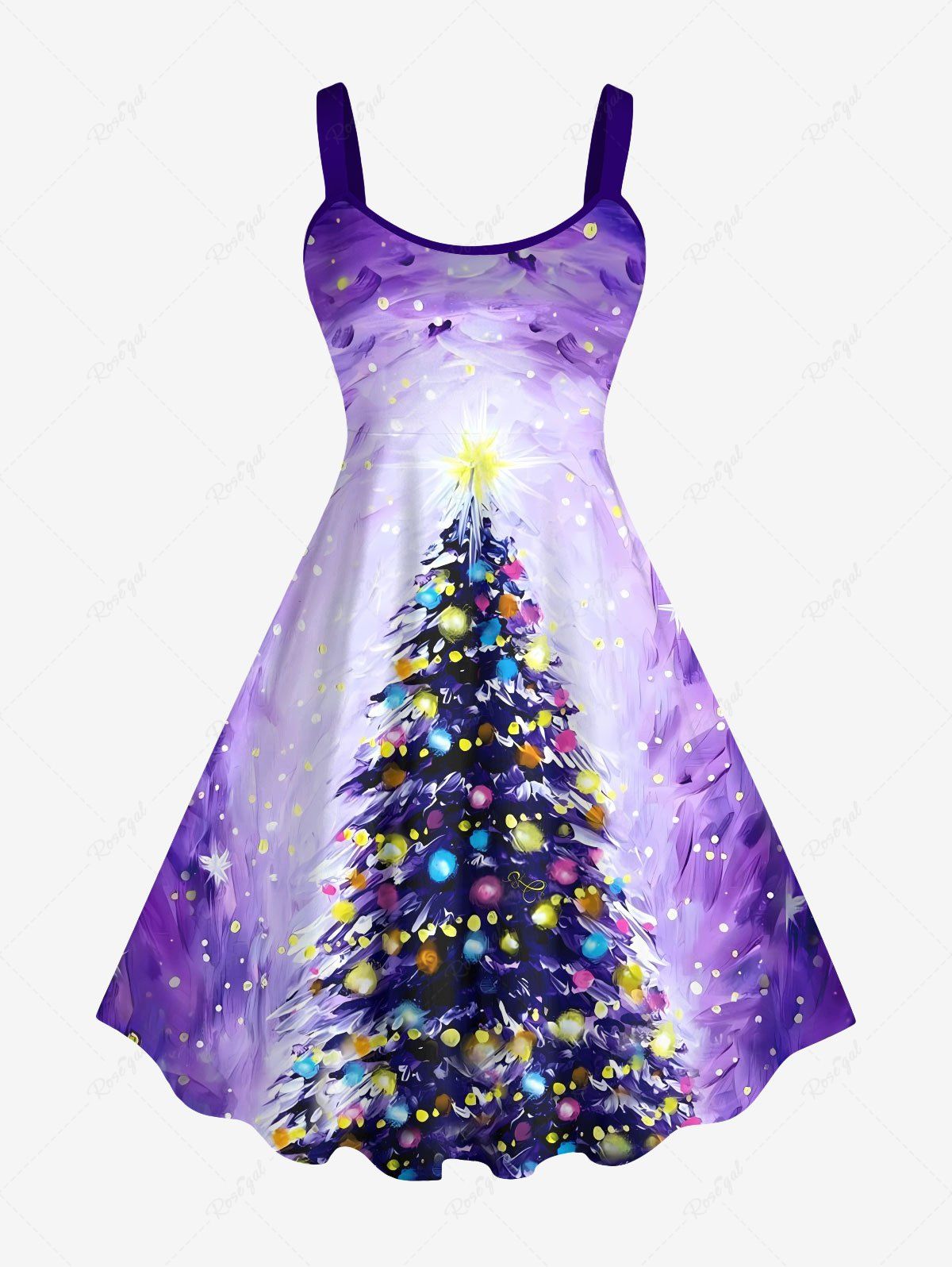Online Plus Size Christmas Tree Coloured Lantern Galaxy Stars Print A Line Tank Dress  