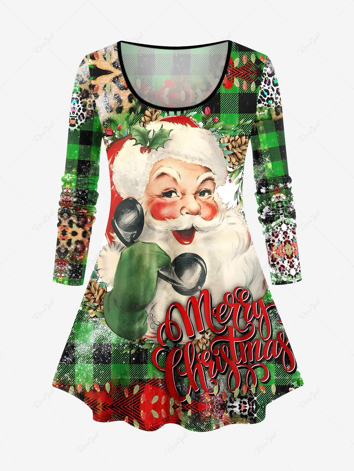 New Plus Size Santa Claus Phone Letters Leopard Plaid Print Christmas Long Sleeves T-shirt  