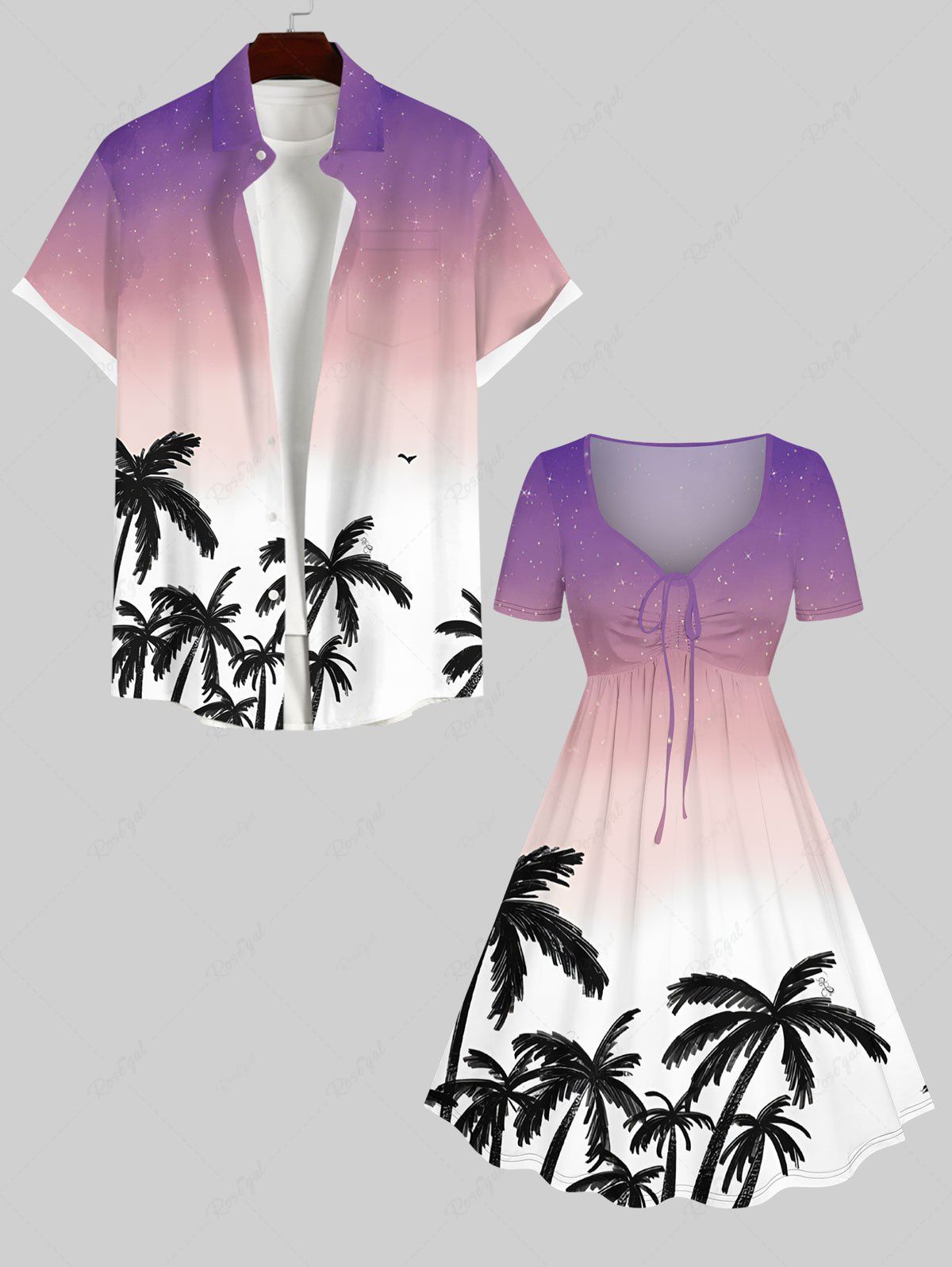 Tenue de Plage Grande Taille Mignon Contrastant Oiseau Imprimé Cocotier pour Couples Multi-A 