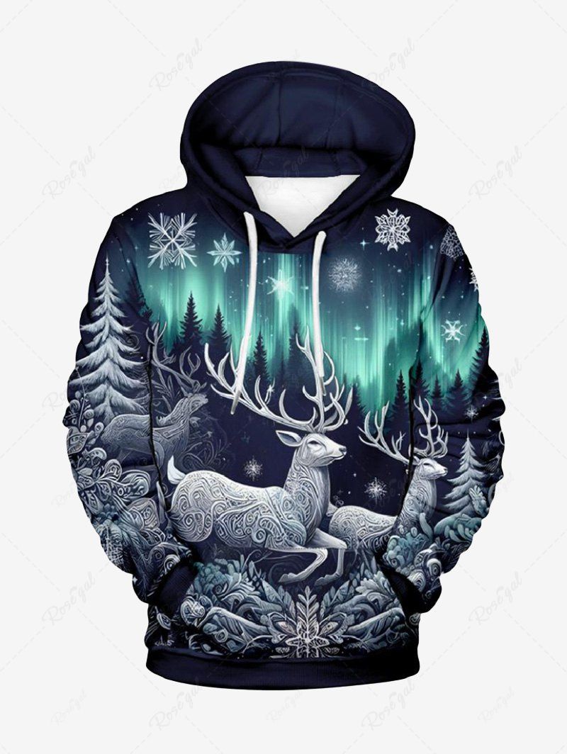 Fashion Plus Size Christmas Tree Elk Snowflake Glitter Light Beam 3D Print Pocket Drawstring Hoodie For Men  