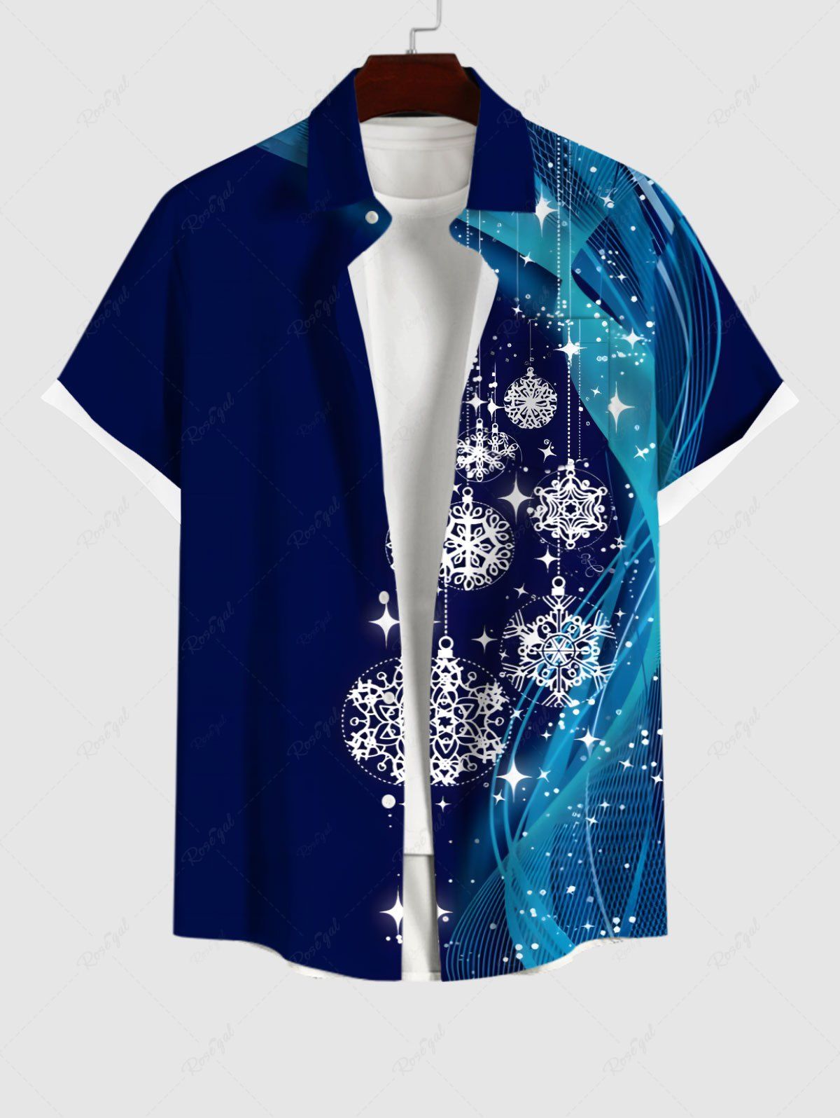 Chemise Imprimé Flocon de Neige et Lumière 3D à Glands Grande Taille pour Homme Bleu de Minuit L