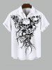 Plus Size Halloween Costume Skull Flowers Leaf Print Buttons Pocket Shirt For Men -  
