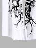 Plus Size Halloween Costume Skull Flowers Leaf Print Buttons Pocket Shirt For Men -  