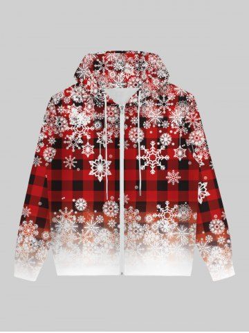 Plus Size Snowflake Geometric Plaid Print Christmas Zipper Pocket Drawstring Long Sleeves Hoodie For Men - RED - 5XL