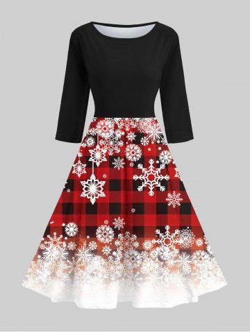 Snowflake Geometric Plaid Print Christmas 50's Vintage Swing A Line Dress - MULTI-A - 4XL