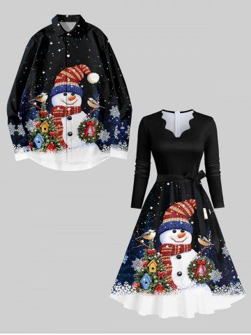 Christmas Tree Snowflake Snowman Galaxy Print Plus Size Matching Set For Couples - BLACK