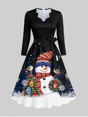 Plus Size Christmas Tree Snowflake Snowman Galaxy Print Lettuce Neck A Line Dress with Tied Belt - BLACK - 3XL