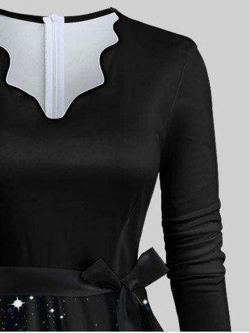 Plus Size Christmas Tree Snowflake Snowman Galaxy Print Lettuce Neck A Line Dress with Tied Belt