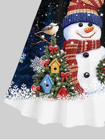 Plus Size Christmas Tree Snowflake Snowman Galaxy Print Lettuce Neck A Line Dress with Tied Belt