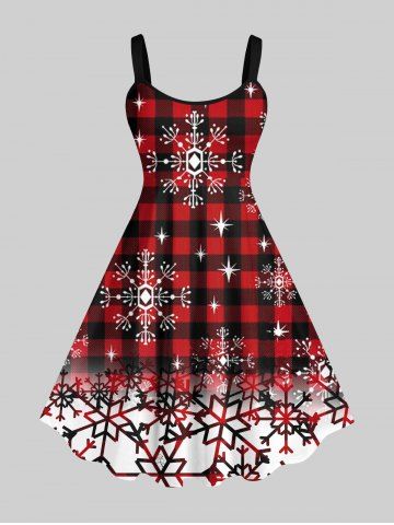 Plus Size Christmas Plaid Snowflake Colorblock Print Tank Dress - RED - 6X