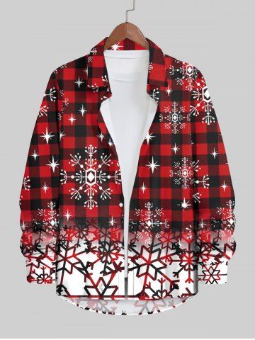 Plus Size Christmas Plaid Snowflake Colorblock Print Buttons Pocket Long Sleeve Shirt For Men - RED - 7XL