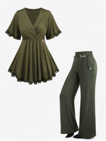 Lace Trim Surplice Buckle Ruffles Ruched Asymmetrical T-shirt and Pintuck Buckle Waist Wide Leg Pants Plus Size Outfit - GREEN