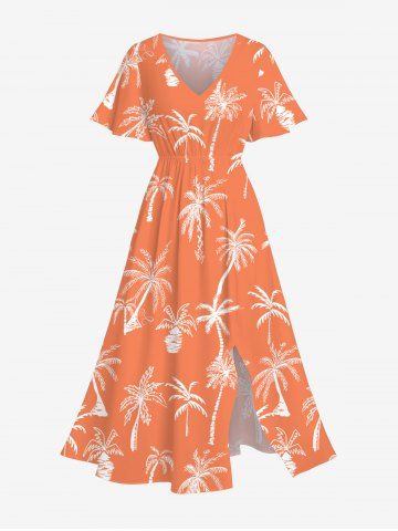 Plus Size Coconut Tree Print Split Hawaii Midi Dress - ORANGE - XS