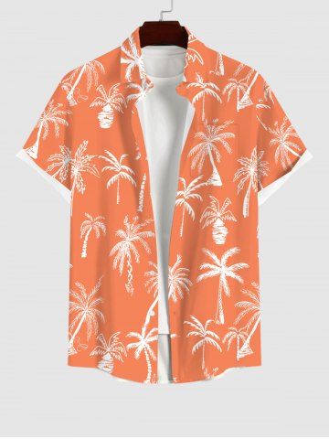 Plus Size Coconut Tree Print Buttons Pocket Hawaii Shirt For Men - DARK ORANGE - XL