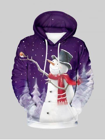 Plus Size Snowman Tree Branch Bird Galaxy Print Christmas Pocket Drawstring Pullover Hoodie For Men - PURPLE - M