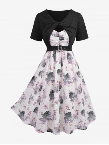 Plus Size Twist Buckle Grommets Ribbed Textured Top and Flower Printed Ruched Cami Dress - BLACK - 3X | US 22-24