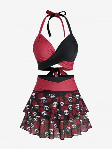 Plus Size Rose Flower Skulls Print Halter Crisscross Tie Back Bowknot Skirt 3 Piece Swimsuit - MULTI-A - M | US 10